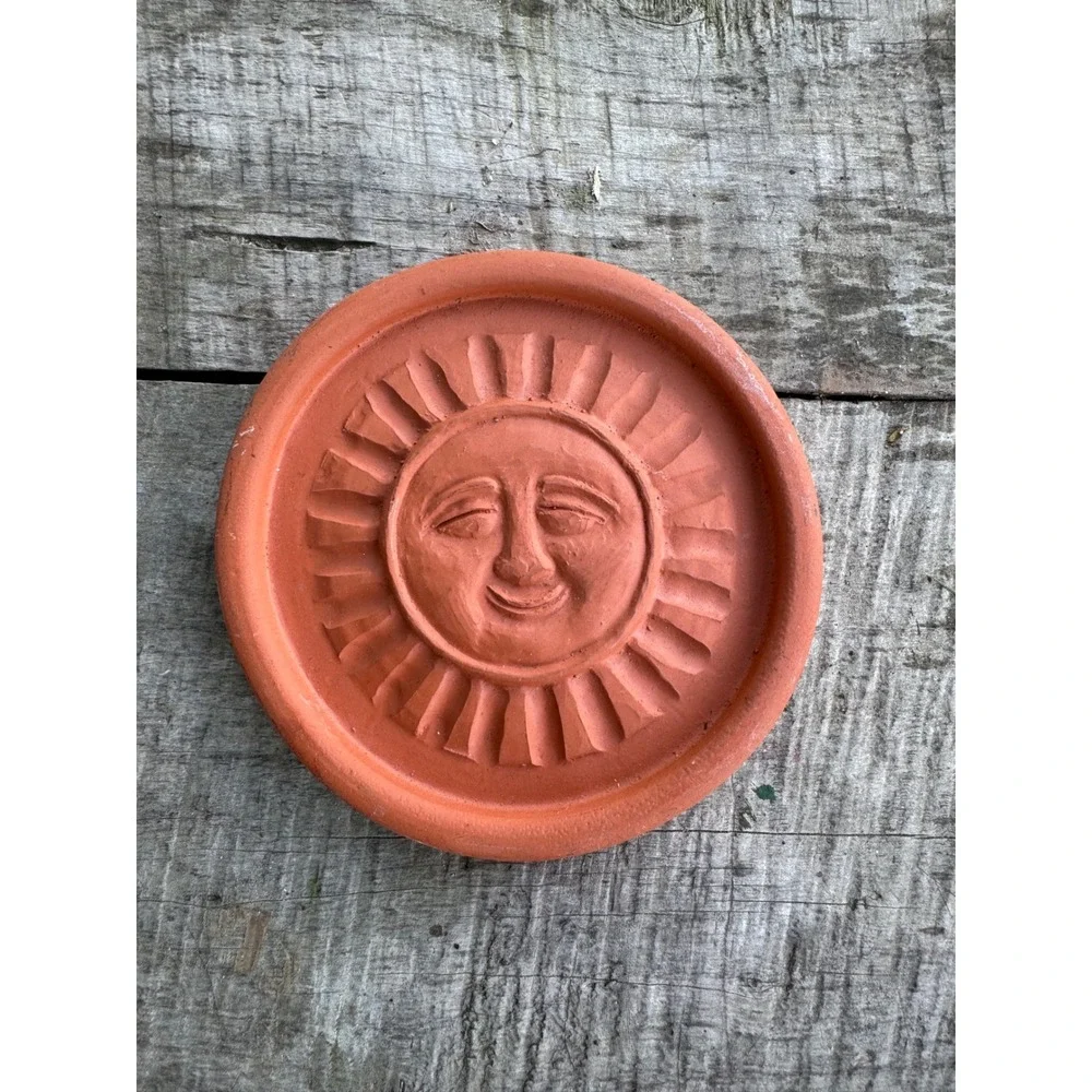 Vintage Terracotta Sun Face Coaster Small Clay Trinket Dish Celestial Decor 4.5